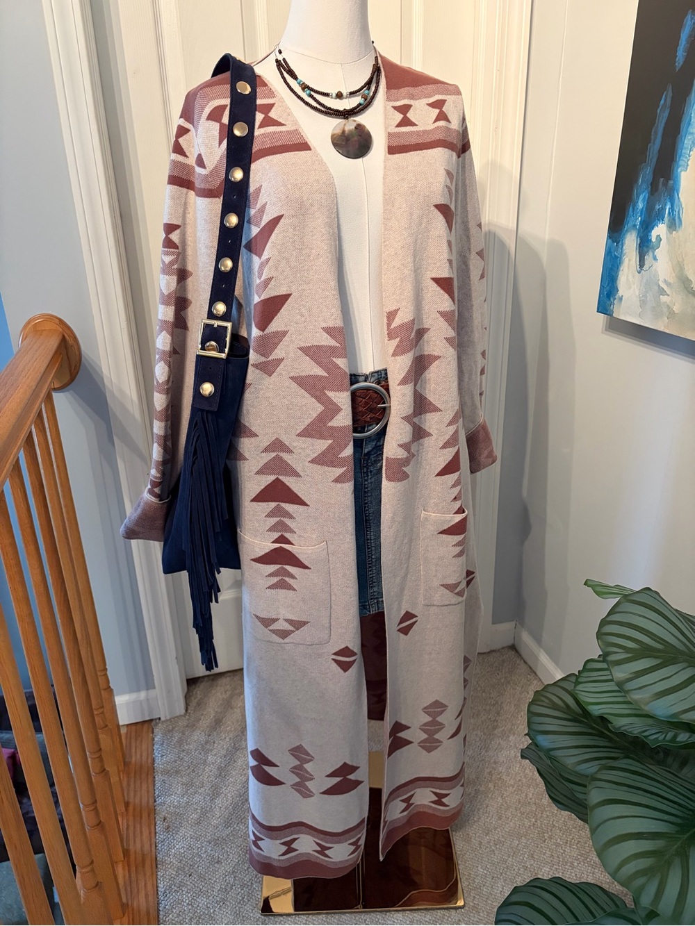 ruby moon Long Open-Front Geometric Cardigan - Dusty Rose/Cream